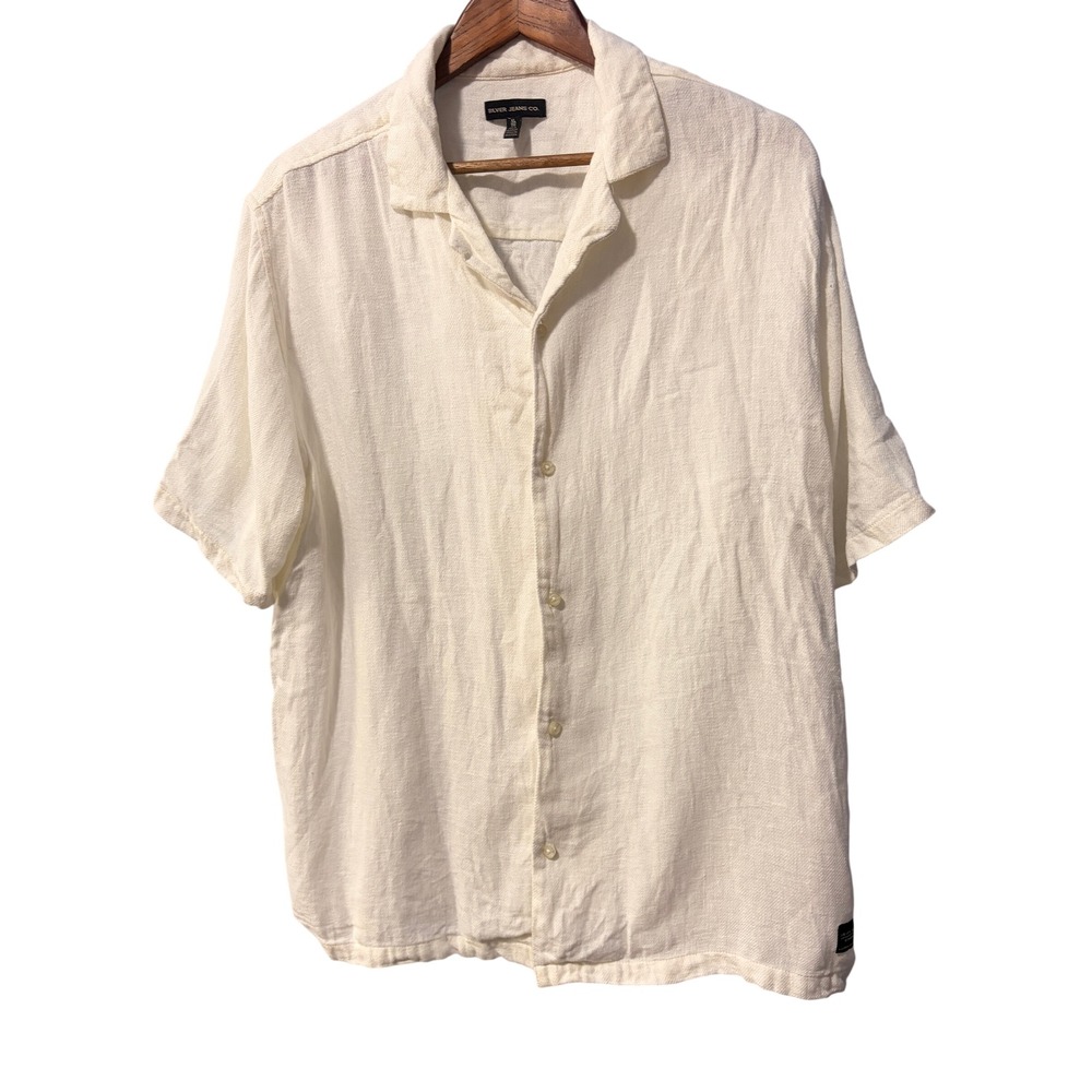 Silver Jeans Co Mens XL Off White Linen Blend Short Sleeve Camp Collar Shirt